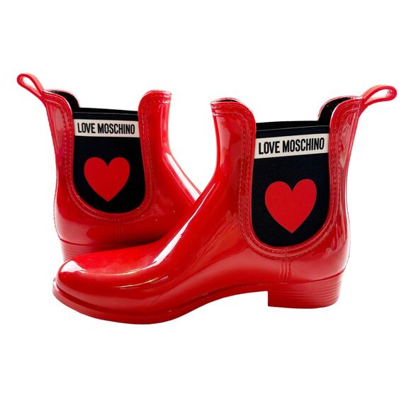 Love Moschino Chelsea Wellington Rain Boots Red Heart Glossy PVC Ankle 37 7US - Picture 7 of 16